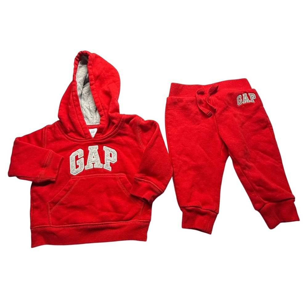 GAP Baby 6-12 Months Red Logo Fleece Hoodie Jogger Sweat Set Outfit Cotton
